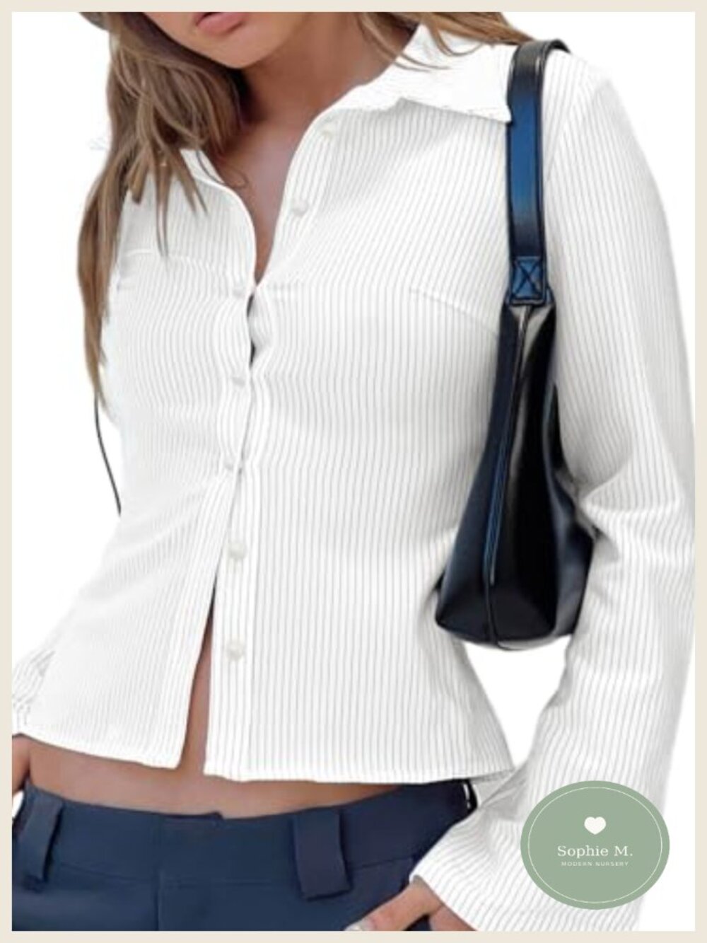 Women Striped Long Sleeve Collared Work Blouse V-Neck Bell Sleeve Slim Fit